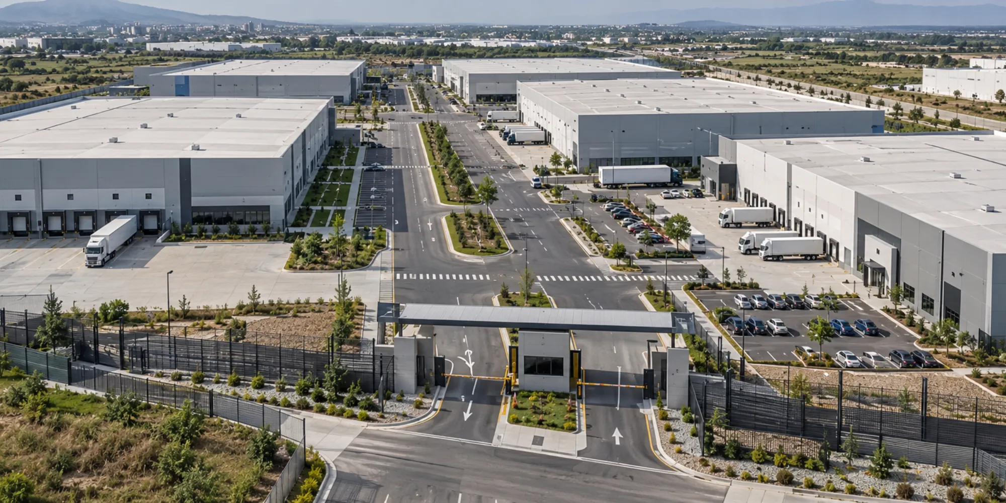 Vista de un parque industrial con vías y bodegas.